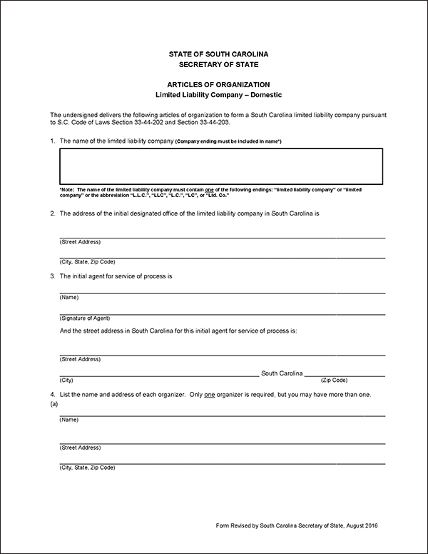 South Carolina LLC Formation Document