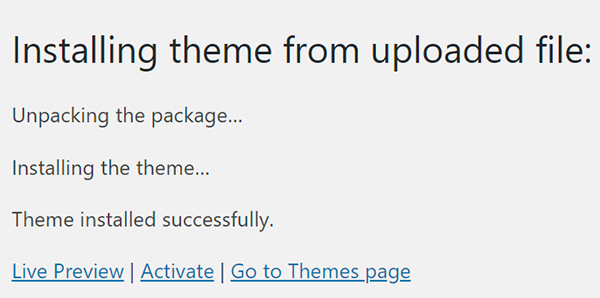 WordPress installing theme from uploaded file.