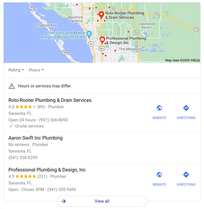 Screenshot of the Google My Business user interface showing business profiles.