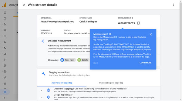 Google Analytics web stream details screen.