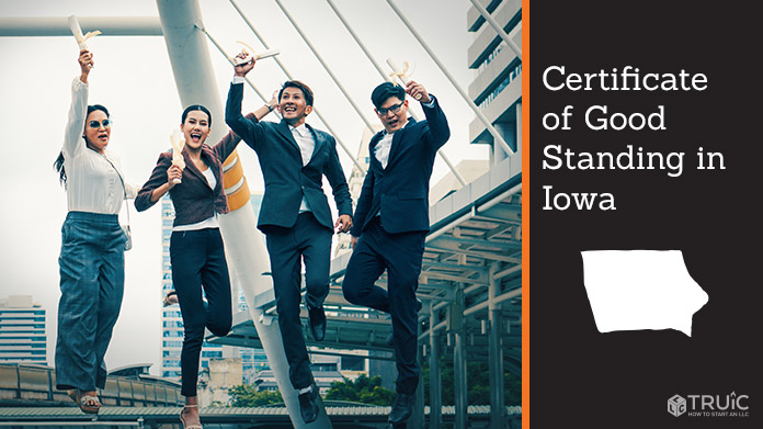 Business people on bridge celebrating certificate of good standing.