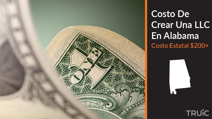Imagen de un dolar (USD) y el estado de Alabama. Costo de crear una LLC en Alabama