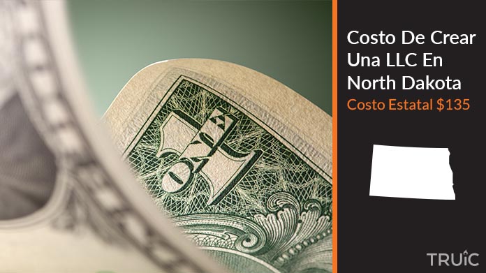 Imagen de un dolar (USD) y el estado de North Dakota. Costo de crear una LLC en North Dakota